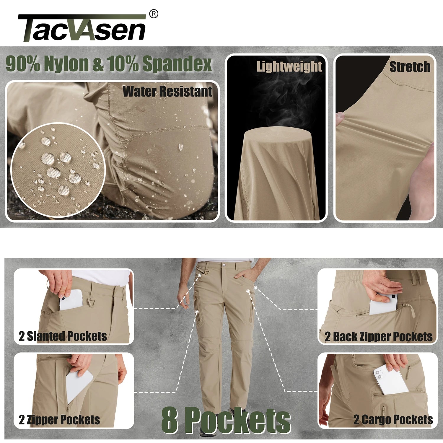 TACVASEN Summer Lightweight Trousers Mens Fishing Pants Outdoor Hiking Nylon Quick Dry Pockets Cargo Pants Casual Work Trousers